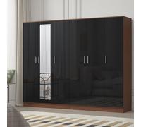 Reflect 2Pc Wardrobe Bundle - 3 Door Mirror + 3 Door Plain - Black Gloss & Walnut - H: 180Cm X W: 224Cm X D: 47Cm