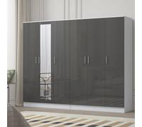 Reflect 2Pc Wardrobe Bundle - 3 Door Mirror + 3 Door Plain - Grey Gloss & Matt White - H: 180Cm X W: 224Cm X D: 47Cm