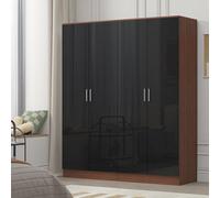 Reflect 2X 2 Door Plain Wardrobe Bundle - Black Gloss & Walnut - Rails & Shelves - H: 180Cm X W: 152Cm - Modern Sl esign
