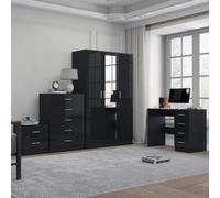Reflect 3 Door Mirror Wardrobe, 5 Drawer Chest, 2 Drawer Bedside & Desk - Black Gloss & Black Oak - Modern Bedroom Furniture Set