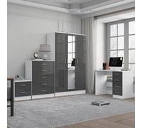 Reflect 3 Door Mirror Wardrobe, 5 Drawer Chest, 2 Drawer Bedside & Desk - Grey Gloss & Matt White - Modern Bedroom Furniture Set