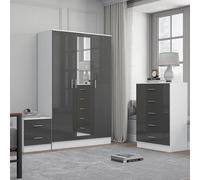 Reflect 3 Door Mirror Wardrobe, 5 Drawer Chest, 2 Drawer Bedside - Grey Gloss & Matt White - Modern Bedroom Furniture Set