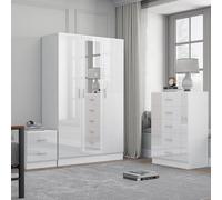 Reflect 3 Door Mirror Wardrobe, 5 Drawer Chest, 2 Drawer Bedside - White Gloss & Matt White - Modern Bedroom Furniture Set