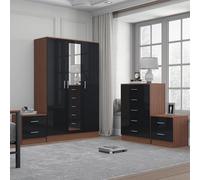 Reflect 3 Door Mirror Wardrobe, 5 Drawer Chest, 2X 2 Drawer Bedsides - Black Gloss & Walnut - Modern Bedroom Furniture Set