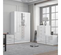 Reflect 3 Door Mirror Wardrobe, 5 Drawer Chest, 2X 2 Drawer Bedsides - White Gloss & Matt White - Modern Bedroom Furniture Set