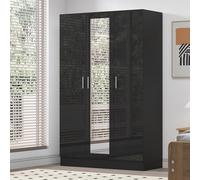 Reflect 3 Door Mirror Wardrobe - Black Gloss & Black Oak - Hanging Rail & 4 Shelves- H: 180Cm X W: 113Cm X D: 47Cm - Modern Design