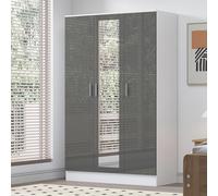 Reflect 3 Door Mirror Wardrobe - Grey Gloss & Matt White - Hanging Rail & 4 Shelves- H: 180Cm X W: 113Cm X D: 47Cm - Modern Design