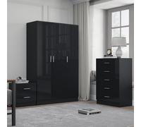 Reflect 3 Door Plain Wardrobe, 5 Drawer Chest, 2 Drawer Bedside - Black Gloss & Black Oak - Modern Bedroom Furniture Set