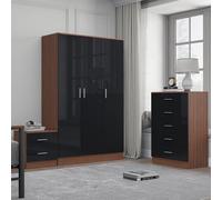 Reflect 3 Door Plain Wardrobe, 5 Drawer Chest, 2 Drawer Bedside - Black Gloss & Walnut - Modern Bedroom Furniture Set