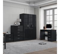 Reflect 3 Door Plain Wardrobe, 5 Drawer Chest, 2 Drawer Bedside & Desk - Black Gloss & Black Oak - Modern Bedroom Furniture Set