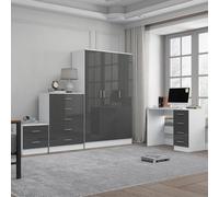 Reflect 3 Door Plain Wardrobe, 5 Drawer Chest, 2 Drawer Bedside & Desk - Grey Gloss & Matt White - Modern Bedroom Furniture Set
