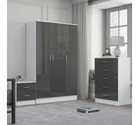 Reflect 3 Door Plain Wardrobe, 5 Drawer Chest, 2 Drawer Bedside - Grey Gloss & Matt White - Modern Bedroom Furniture Set