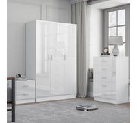 Reflect 3 Door Plain Wardrobe, 5 Drawer Chest, 2 Drawer Bedside - White Gloss & Matt White - Modern Bedroom Furniture Set