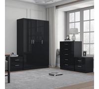 Reflect 3 Door Plain Wardrobe, 5 Drawer Chest, 2X 2 Drawer Bedsides - Black Gloss & Black Oak - Modern Bedroom Furniture Set