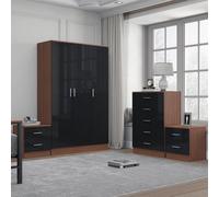 Reflect 3 Door Plain Wardrobe, 5 Drawer Chest, 2X 2 Drawer Bedsides - Black Gloss & Walnut - Modern Bedroom Furniture Set
