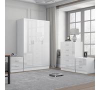 Reflect 3 Door Plain Wardrobe, 5 Drawer Chest, 2X 2 Drawer Bedsides - White Gloss & Matt White - Modern Bedroom Furniture Set