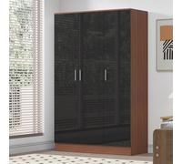 Reflect 3 Door Plain Wardrobe - Black Gloss & Walnut -Hanging Rail & 4 Shelves - H: 180Cm X W: 113Cm X D: 47Cm - Modern Design