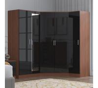 Reflect 3Pc Wardrobe Bundle - 2 Door Corner + 2 Door Mirror + 1 Door Plain - Black Gloss & Walnut - H: 180Cm X W: 179Cm
