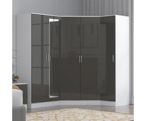 Reflect 3Pc Wardrobe Bundle - 2 Door Corner + 2 Door Mirror + 1 Door Plain - Grey Gloss & Matt White - H: 180Cm X W: 179Cm