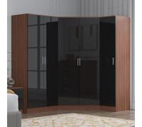 Reflect 3Pc Wardrobe Bundle - 2 Door Corner + 2 Door Plain + 1 Door Plain - Black Gloss & Walnut - H: 180Cm X W: 179Cm