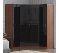 Reflect 3Pc Wardrobe Bundle - 2 Door Corner + 2X 1 Door Plain - Black Gloss & Walnut - H: 180Cm X W: 179Cm X D: 103Cm