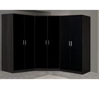 Reflect 3Pc Wardrobe Bundle - 2 Door Corner + 2X 2 Door Plain - Black Gloss & Black Oak - H: 180Cm X W: 179Cm X D: 103Cm