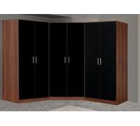 Reflect 3Pc Wardrobe Bundle - 2 Door Corner + 2X 2 Door Plain - Black Gloss & Walnut - H: 180Cm X W: 179Cm X D: 103Cm