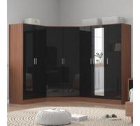 Reflect 3Pc Wardrobe Bundle - 2 Door Corner + 3 Door Mirror + 2 Door Plain - Black Gloss & Walnut - H: 180Cm X W: 291Cm