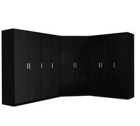 Reflect 4Pc Wardrobe Bundle - 2 Door Corner + 2X 3 Door Plain + 1 Door Plain - Black Gloss & Black Oak - H: 180Cm X W: 179Cm