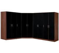 Reflect 4Pc Wardrobe Bundle - 2 Door Corner + 2X 3 Door Plain + 1 Door Plain - Black Gloss & Walnut - H: 180Cm X W: 179Cm