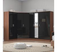 Reflect 4Pc Wardrobe Bundle - 2 Door Corner + 3 Door Mirror + 2Dr + 1Dr Plain - Black Gloss & Walnut - H: 180Cm X W: 329Cm