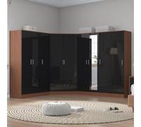Reflect 4Pc Wardrobe Bundle - 2 Door Corner + 3 Door Mirror + 3 Door Plain + 1 Door Plain - Black Gloss & Walnut