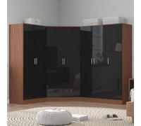 Reflect 4Pc Wardrobe Bundle - 2 Door Corner + 3 Door Plain + 2 Door Plain - Black Gloss & Walnut - H: 180Cm X W: 291Cm