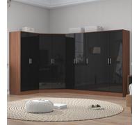 Reflect 4Pc Wardrobe Bundle - 2 Door Corner + 3 Door Plain + 2X 2 Door Plain - Black Gloss & Walnut - H: 180Cm X W: 179Cm