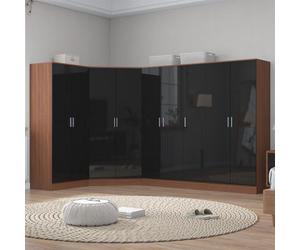 Reflect 4Pc Wardrobe Bundle - 2 Door Corner + 3 Door Plain + 2X 2 Door Plain - Black Gloss & Walnut - H: 180Cm X W: 179Cm