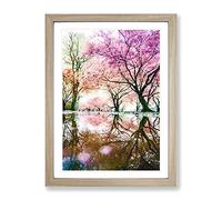 Reflection Of The Pink Blossom Trees In Philadelphia Modern Framed Wall Art Print, Ready to Hang Picture for Living Room Bedroom Home Office Décor, Oak A3 (34 x 46 cm)
