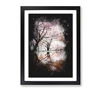 Reflection Of The Pink Blossom Trees Paint Splash Modern Framed Wall Art Print, Ready to Hang Picture for Living Room Bedroom Home Office Décor, Black A4 (34 x 25 cm)