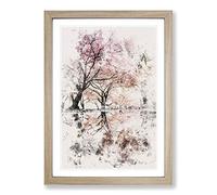 Reflection of The Pink Blossom Trees Watercolour Framed Print | A2 Oak Framed Wall Art | Ready to Hang | Modern Floral Picture | Living Room Bedroom Lounge Office