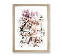 Reflection Of The Pink Blossom Trees Watercolour Modern Framed Wall Art Print, Ready to Hang Picture for Living Room Bedroom Home Office Décor, Oak A3 (34 x 46 cm)