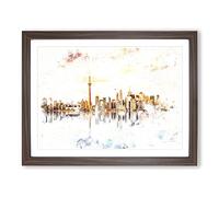 Reflection Of The Toronto Skyline Watercolour Modern Framed Wall Art Print, Ready to Hang Picture for Living Room Bedroom Home Office Décor, Walnut A2 (64 x 46 cm)