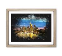 Reflections Of The Frankfurt Skyline Paint Splash Modern Art Framed Wall Art Print, Ready to Hang Picture for Living Room Bedroom Home Office Décor, Oak A4 (34 x 25 cm)