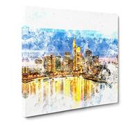 Reflections of the Frankfurt Skyline Watercolour Canvas Print | Gallery Wrapped 30mm Frame Wall Art | 14x14 inches | Ready to Hang | Modern Cityscape Picture | Living Room Bedroom Lounge Office