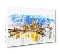 Reflections Of The Frankfurt Skyline Watercolour Canvas Print | Gallery Wrapped 30mm Frame Wall Art | 30x20 inches | Ready to Hang | Modern Cityscape Picture | Living Room Bedroom Lounge Office