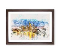 Reflections of The Frankfurt Skyline Watercolour Framed Print | A2 Walnut Framed Wall Art | Ready to Hang | Modern Cityscape Picture | Living Room Bedroom Lounge Office