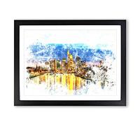 Reflections Of The Frankfurt Skyline Watercolour Modern Framed Print | A2 Black Framed Wall Art | Ready to Hang | Modern Cityscape Picture | Living Room Bedroom Lounge Office