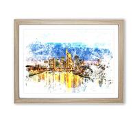 Reflections Of The Frankfurt Skyline Watercolour Modern Framed Print | A2 Oak Framed Wall Art | Ready to Hang | Modern Cityscape Picture | Living Room Bedroom Lounge Office