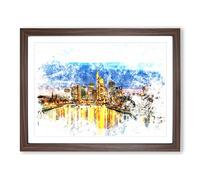 Reflections Of The Frankfurt Skyline Watercolour Modern Framed Print | A2 Walnut Framed Wall Art | Ready to Hang | Modern Cityscape Picture | Living Room Bedroom Lounge Office