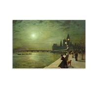 Reflections on The Thames 1880 by John Atkinson Grimshaw, Victorian Genre Art Poster with Moonlit River And Cityscape for Wall Decor Art Print Wall Photo Paint Hanging Picture Family Bedroom Decor Gif