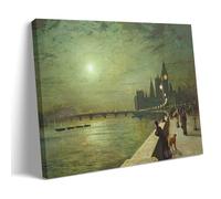 Reflections on The Thames 1880 by John Atkinson Grimshaw, Victorian Genre Art Poster with Moonlit River And Cityscape for Wall Decor Cool Artworks Painting Wall Art Canvas Prints Hanging Picture Home