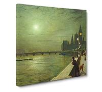 Reflections On The Thames by John Atkinson Grimshaw Canvas Print | Gallery Wrapped 30mm Frame Wall Art | 20x20 inches | Ready to Hang | Modern Picture | Living Room Bedroom Lounge Office